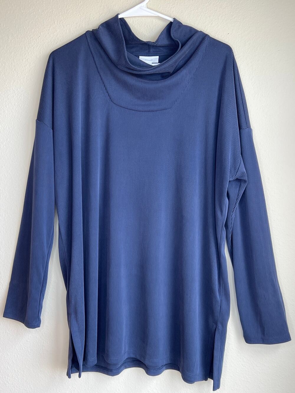 Pure Jill J. Jill Size Large Navy Blue Ribbed Cowl Neck Split Hem Tunic Top